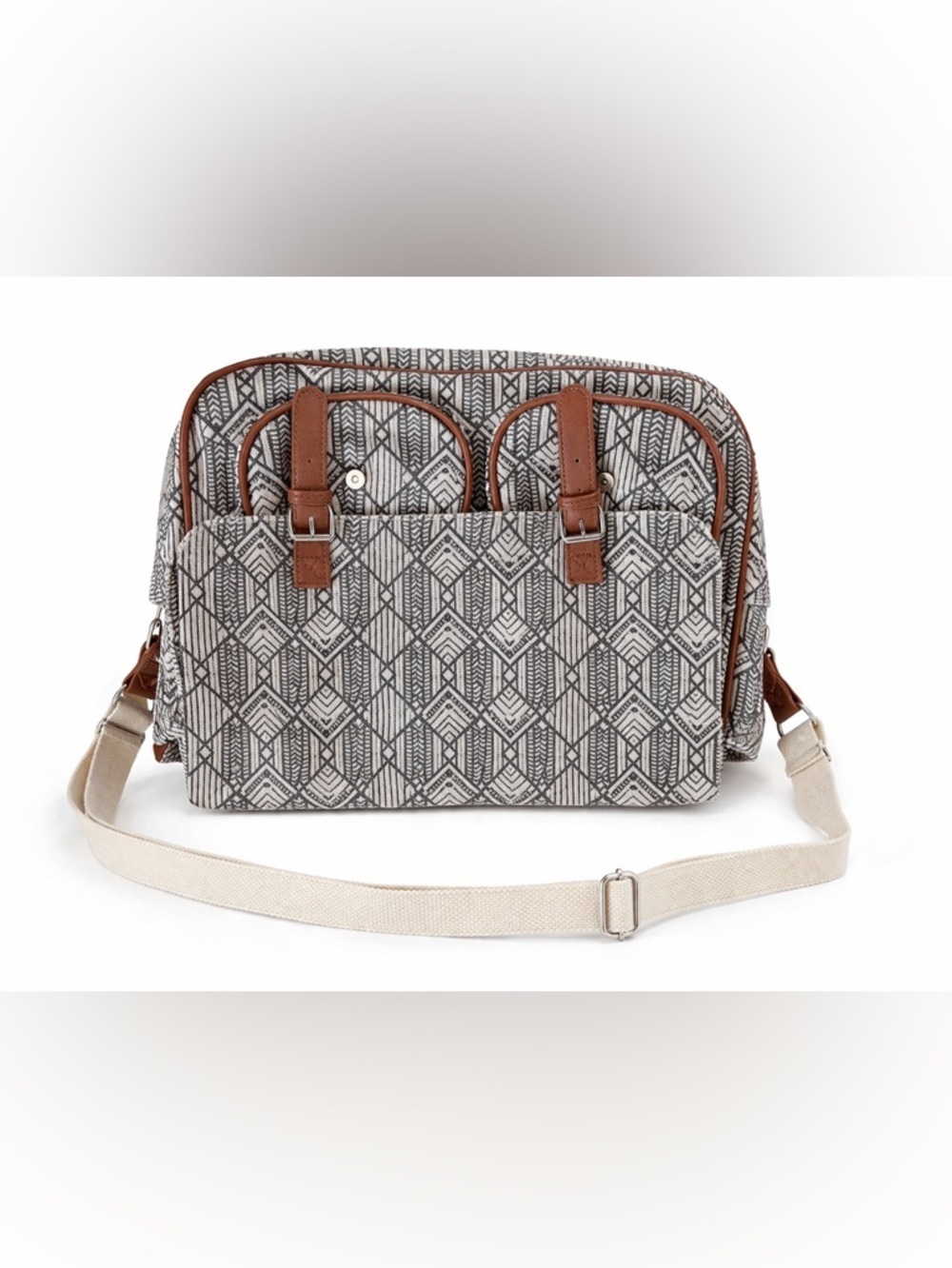 Canvas Geo-Print Crossbody Tote with Tan Trim